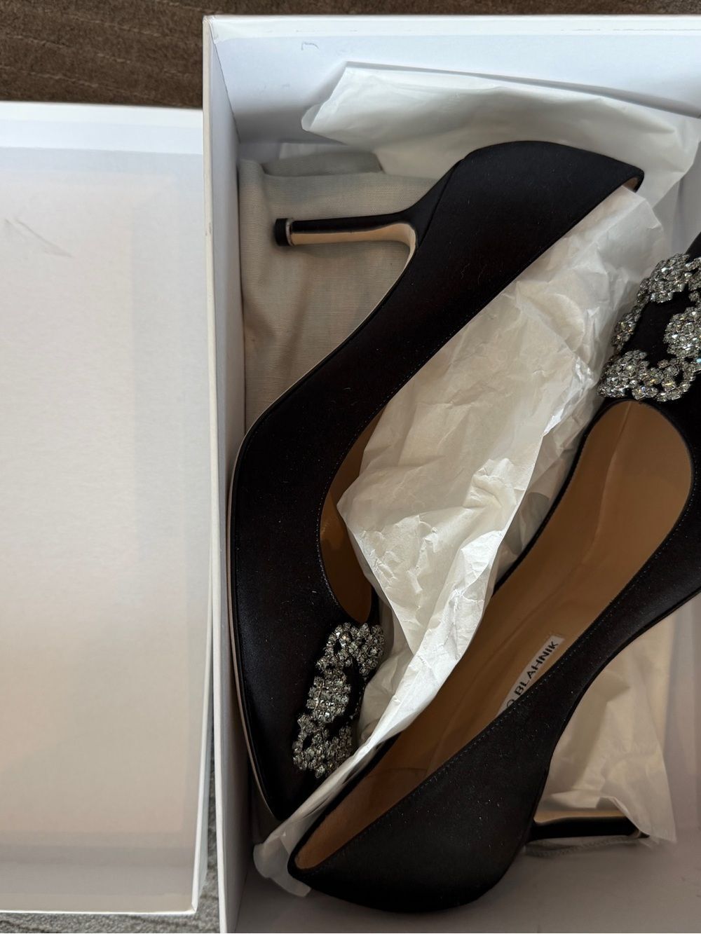 Manolo Blahnik Black Satin Hangisi Crystal-Embellished Pump - Picture 3 of 8